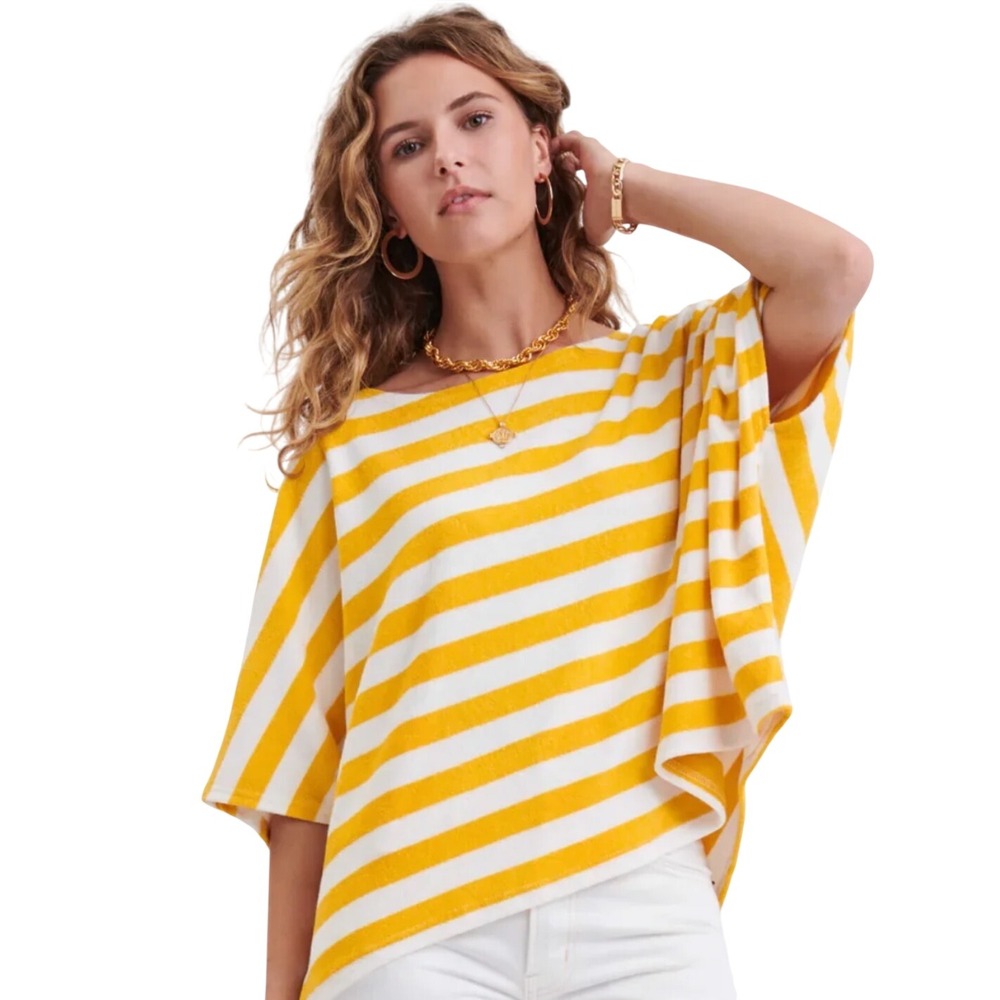 Mersea Womens Yellow White Striped Oversized 3/4 Sleeve Top One Size‎ RN142210